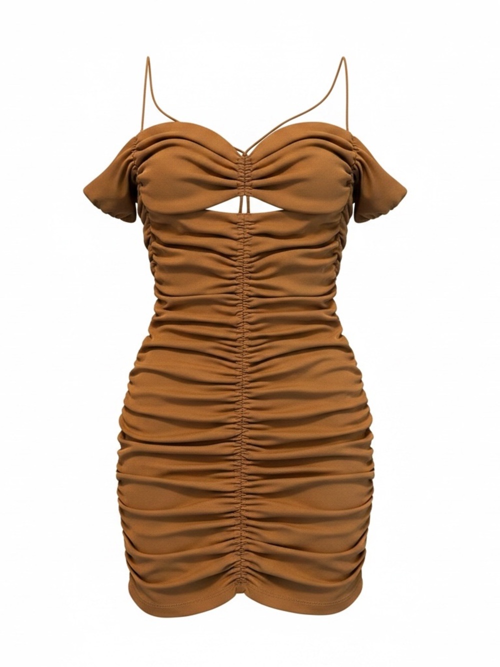 OLD ZARA - NWOT - Ruched Cutout Mini Halter Neck Dress in Camel